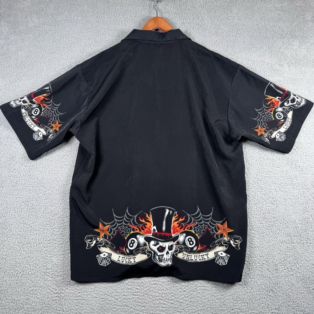 Vtg Dragonfly Roadhouse Shirt Mens XXL Black Button Up‎ Skull 8 Ball Biker Dice - Picture 10 of 11